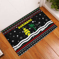 Suriname Christmas Rubber Doormat with Black Festive Pattern, Golden Ship, Palm Tree, and Coat of Arms Motif - Wonder Print Shop