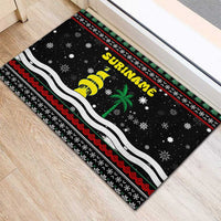Suriname Christmas Rubber Doormat with Black Festive Pattern, Golden Ship, Palm Tree, and Coat of Arms Motif - Wonder Print Shop