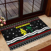 Suriname Christmas Rubber Doormat with Black Festive Pattern, Golden Ship, Palm Tree, and Coat of Arms Motif - Wonder Print Shop