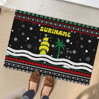 Suriname Christmas Rubber Doormat with Black Festive Pattern, Golden Ship, Palm Tree, and Coat of Arms Motif - Wonder Print Shop