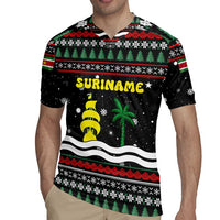 Suriname Christmas Rugby Jersey with Black Festive Pattern, Golden Ship, Palm Tree, and Coat of Arms Motif - Wonder Print Shop