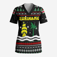 Suriname Christmas Scrub Top with Black Festive Pattern, Golden Ship, Palm Tree, and Coat of Arms Motif - Wonder Print Shop