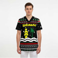 Suriname Christmas Scrub Top with Black Festive Pattern, Golden Ship, Palm Tree, and Coat of Arms Motif - Wonder Print Shop