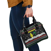 Suriname Christmas Shoulder Handbag with Black Festive Pattern, Golden Ship, Palm Tree, and Coat of Arms Motif - Wonder Print Shop