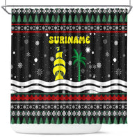 Suriname Christmas Shower Curtain with Black Festive Pattern, Golden Ship, Palm Tree, and Coat of Arms Motif - Wonder Print Shop