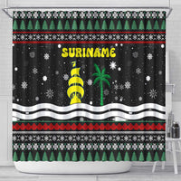 Suriname Christmas Shower Curtain with Black Festive Pattern, Golden Ship, Palm Tree, and Coat of Arms Motif - Wonder Print Shop