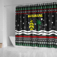 Suriname Christmas Shower Curtain with Black Festive Pattern, Golden Ship, Palm Tree, and Coat of Arms Motif - Wonder Print Shop