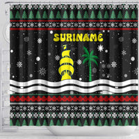 Suriname Christmas Shower Curtain with Black Festive Pattern, Golden Ship, Palm Tree, and Coat of Arms Motif - Wonder Print Shop