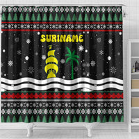 Suriname Christmas Shower Curtain with Black Festive Pattern, Golden Ship, Palm Tree, and Coat of Arms Motif - Wonder Print Shop