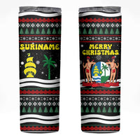 Suriname Christmas Skinny Tumbler with Black Festive Pattern, Golden Ship, Palm Tree, and Coat of Arms Motif - Wonder Print Shop