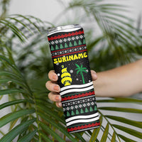 Suriname Christmas Skinny Tumbler with Black Festive Pattern, Golden Ship, Palm Tree, and Coat of Arms Motif - Wonder Print Shop