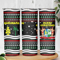 Suriname Christmas Skinny Tumbler with Black Festive Pattern, Golden Ship, Palm Tree, and Coat of Arms Motif - Wonder Print Shop