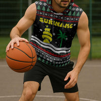 Suriname Christmas Sleeveless Hoodie with Black Festive Pattern, Golden Ship, Palm Tree, and Coat of Arms Motif - Wonder Print Shop