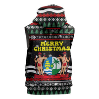Suriname Christmas Sleeveless Zip Hoodie with Black Festive Pattern, Golden Ship, Palm Tree, and Coat of Arms Motif - Wonder Print Shop