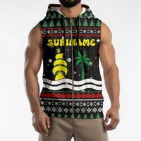 Suriname Christmas Sleeveless Zip Hoodie with Black Festive Pattern, Golden Ship, Palm Tree, and Coat of Arms Motif - Wonder Print Shop