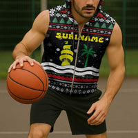 Suriname Christmas Sleeveless Zip Hoodie with Black Festive Pattern, Golden Ship, Palm Tree, and Coat of Arms Motif - Wonder Print Shop