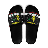 Suriname Christmas Slide Sandals with Black Festive Pattern, Golden Ship, Palm Tree, and Coat of Arms Motif - Wonder Print Shop