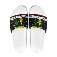 Suriname Christmas Slide Sandals with Black Festive Pattern, Golden Ship, Palm Tree, and Coat of Arms Motif - Wonder Print Shop