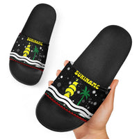 Suriname Christmas Slide Sandals with Black Festive Pattern, Golden Ship, Palm Tree, and Coat of Arms Motif - Wonder Print Shop