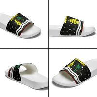 Suriname Christmas Slide Sandals with Black Festive Pattern, Golden Ship, Palm Tree, and Coat of Arms Motif - Wonder Print Shop