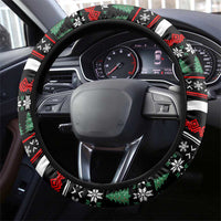 Suriname Christmas Steering Wheel Cover with Black Festive Pattern, Golden Ship, Palm Tree, and Coat of Arms Motif - Wonder Print Shop