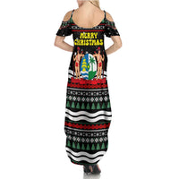 Suriname Christmas Summer Maxi Dress with Black Festive Pattern, Golden Ship, Palm Tree, and Coat of Arms Motif - Wonder Print Shop