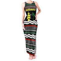 Suriname Christmas Tank Maxi Dress with Black Festive Pattern, Golden Ship, Palm Tree, and Coat of Arms Motif - Wonder Print Shop