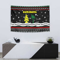 Suriname Christmas Tapestry with Black Festive Pattern, Golden Ship, Palm Tree, and Coat of Arms Motif - Wonder Print Shop