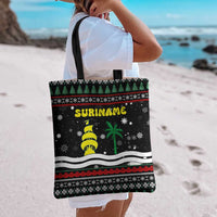 Suriname Christmas Tote Bag with Black Festive Pattern, Golden Ship, Palm Tree, and Coat of Arms Motif - Wonder Print Shop