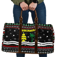 Suriname Christmas Travel Bag with Black Festive Pattern, Golden Ship, Palm Tree, and Coat of Arms Motif - Wonder Print Shop