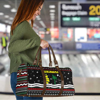 Suriname Christmas Travel Bag with Black Festive Pattern, Golden Ship, Palm Tree, and Coat of Arms Motif - Wonder Print Shop