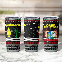 Suriname Christmas Tumbler Cup with Black Festive Pattern, Golden Ship, Palm Tree, and Coat of Arms Motif - Wonder Print Shop