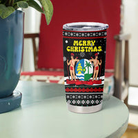 Suriname Christmas Tumbler Cup with Black Festive Pattern, Golden Ship, Palm Tree, and Coat of Arms Motif - Wonder Print Shop