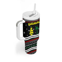 Suriname Christmas Tumbler With Handle with Black Festive Pattern, Golden Ship, Palm Tree, and Coat of Arms Motif - Wonder Print Shop