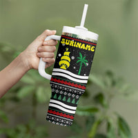 Suriname Christmas Tumbler With Handle with Black Festive Pattern, Golden Ship, Palm Tree, and Coat of Arms Motif - Wonder Print Shop