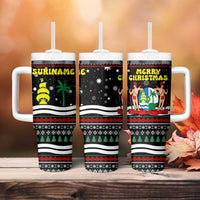Suriname Christmas Tumbler With Handle with Black Festive Pattern, Golden Ship, Palm Tree, and Coat of Arms Motif - Wonder Print Shop