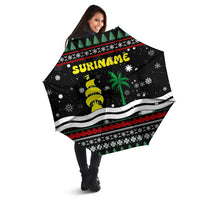 Suriname Christmas Umbrella with Black Festive Pattern, Golden Ship, Palm Tree, and Coat of Arms Motif - Wonder Print Shop