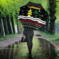 Suriname Christmas Umbrella with Black Festive Pattern, Golden Ship, Palm Tree, and Coat of Arms Motif - Wonder Print Shop
