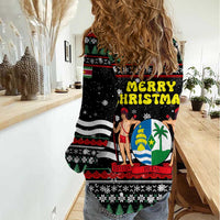 Suriname Christmas Women Casual Shirt with Black Festive Pattern, Golden Ship, Palm Tree, and Coat of Arms Motif - Wonder Print Shop