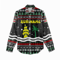 Suriname Christmas Women Casual Shirt with Black Festive Pattern, Golden Ship, Palm Tree, and Coat of Arms Motif - Wonder Print Shop
