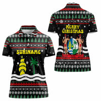 Suriname Christmas Women Polo Shirt with Black Festive Pattern, Golden Ship, Palm Tree, and Coat of Arms Motif - Wonder Print Shop