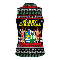 Suriname Christmas Women Sleeveless Polo Shirt with Black Festive Pattern, Golden Ship, Palm Tree, and Coat of Arms Motif - Wonder Print Shop