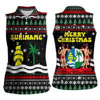 Suriname Christmas Women Sleeveless Polo Shirt with Black Festive Pattern, Golden Ship, Palm Tree, and Coat of Arms Motif - Wonder Print Shop