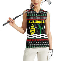 Suriname Christmas Women Sleeveless Polo Shirt with Black Festive Pattern, Golden Ship, Palm Tree, and Coat of Arms Motif - Wonder Print Shop