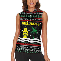 Suriname Christmas Women Sleeveless Polo Shirt with Black Festive Pattern, Golden Ship, Palm Tree, and Coat of Arms Motif - Wonder Print Shop