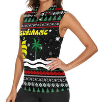 Suriname Christmas Women Sleeveless Polo Shirt with Black Festive Pattern, Golden Ship, Palm Tree, and Coat of Arms Motif - Wonder Print Shop