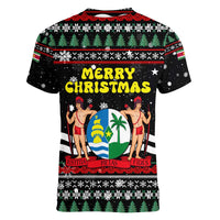 Suriname Christmas Women V-Neck T-Shirt with Black Festive Pattern, Golden Ship, Palm Tree, and Coat of Arms Motif - Wonder Print Shop