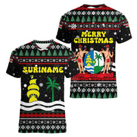 Suriname Christmas Women V-Neck T-Shirt with Black Festive Pattern, Golden Ship, Palm Tree, and Coat of Arms Motif - Wonder Print Shop