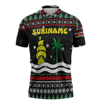 Suriname Christmas Zipper Polo Shirt with Black Festive Pattern, Golden Ship, Palm Tree, and Coat of Arms Motif - Wonder Print Shop