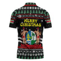 Suriname Christmas Zipper Polo Shirt with Black Festive Pattern, Golden Ship, Palm Tree, and Coat of Arms Motif - Wonder Print Shop